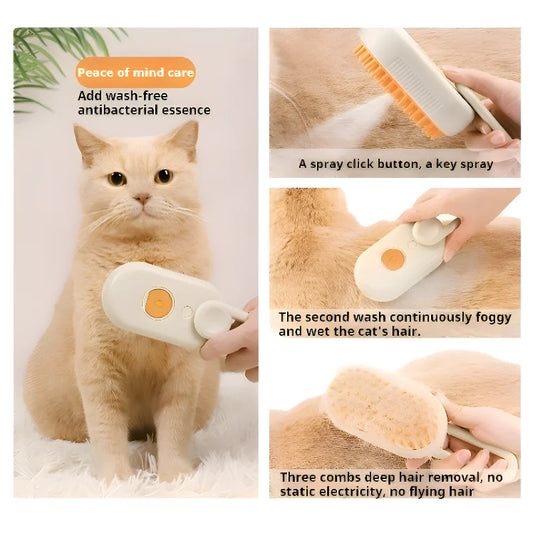 Brosse de nettoyage électrique 3 en 1 pour chiens et chats avec pulvérisation vapeur, anti-éclaboussures, épilation et massage, peigne de toilettage pour animaux de compagnie.