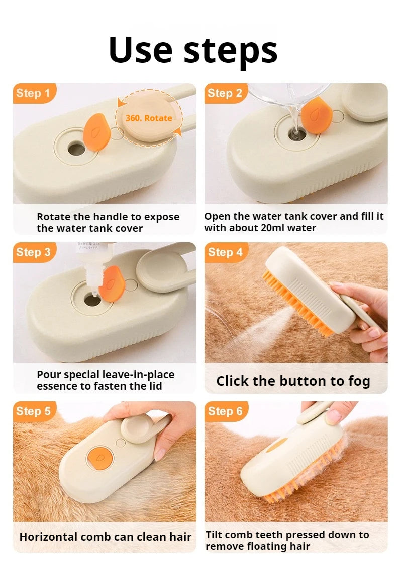 Brosse de nettoyage électrique 3 en 1 pour chiens et chats avec pulvérisation vapeur, anti-éclaboussures, épilation et massage, peigne de toilettage pour animaux de compagnie.