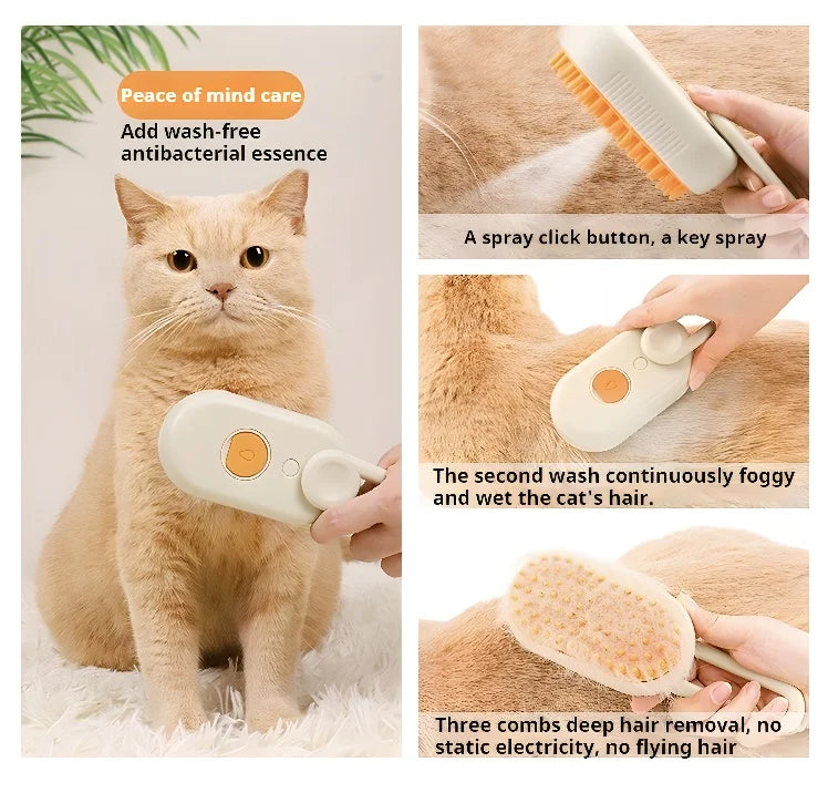 Brosse de nettoyage électrique 3 en 1 pour chiens et chats avec pulvérisation vapeur, anti-éclaboussures, épilation et massage, peigne de toilettage pour animaux de compagnie.